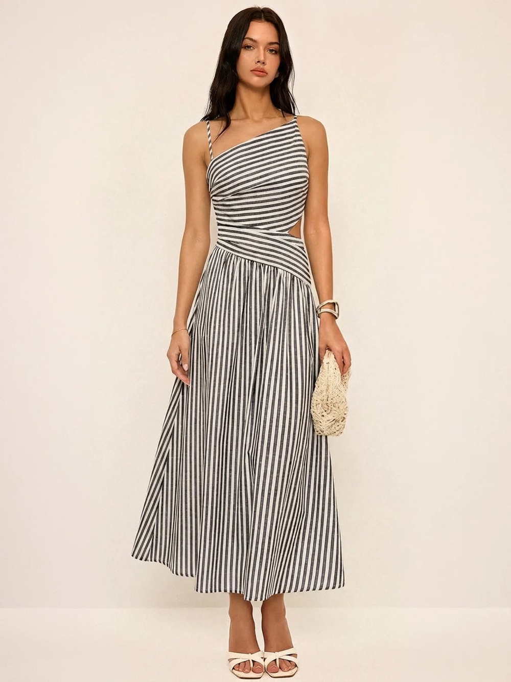 Striped Cut-Out Asymmetric Cami Maxi Dress